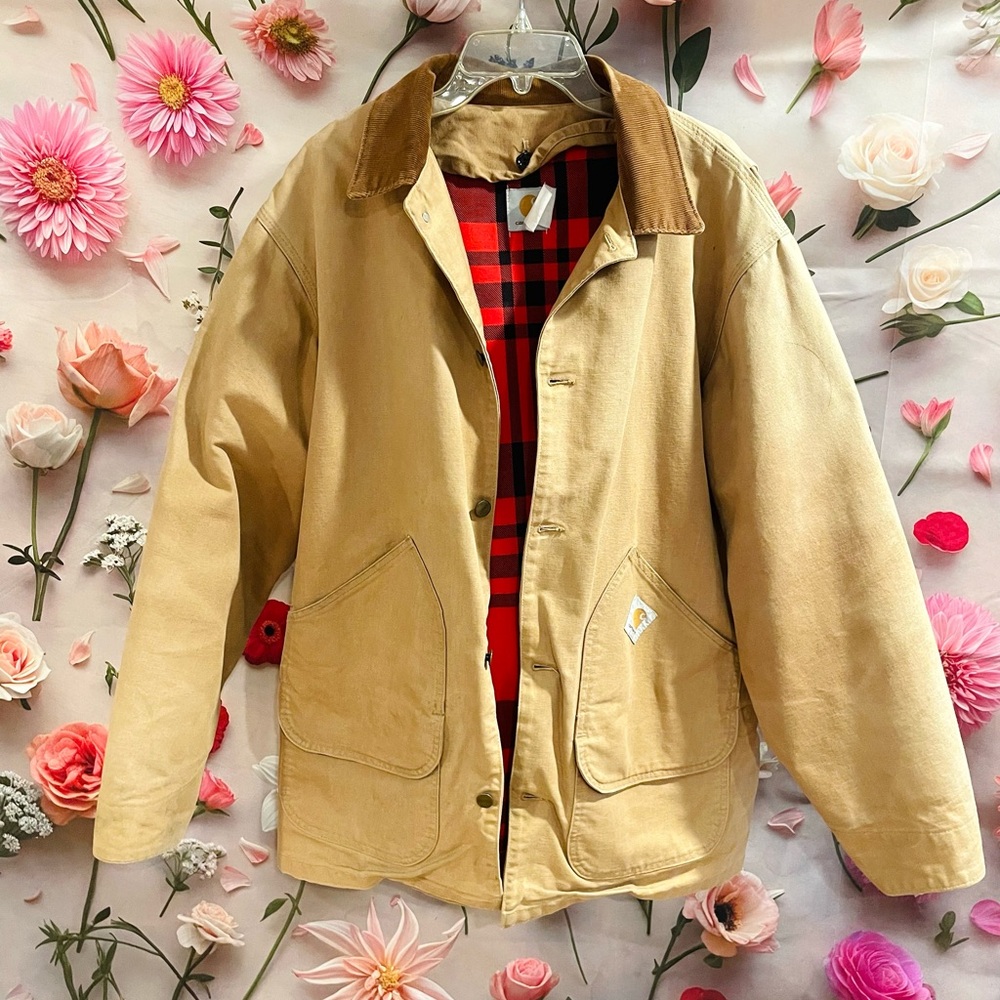 Vintage Carhartt Work Chore Jacket Worsterlon ButtonOut Plaid Blanket Lined Coat